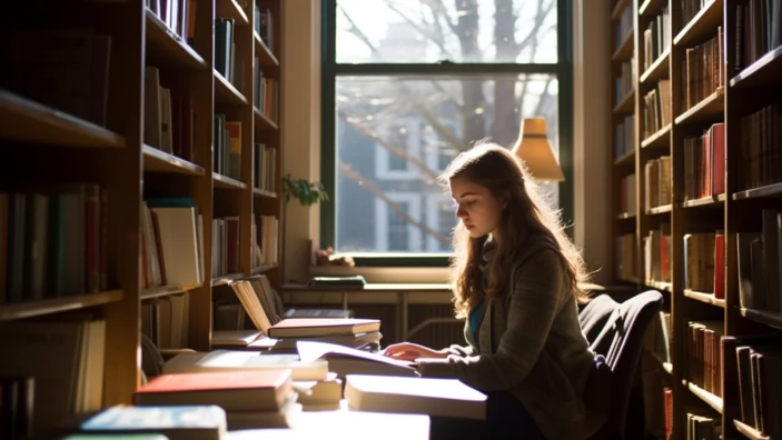 A college student sitting in a quit corner and reading a book
