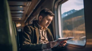 A person reading a book on a train
