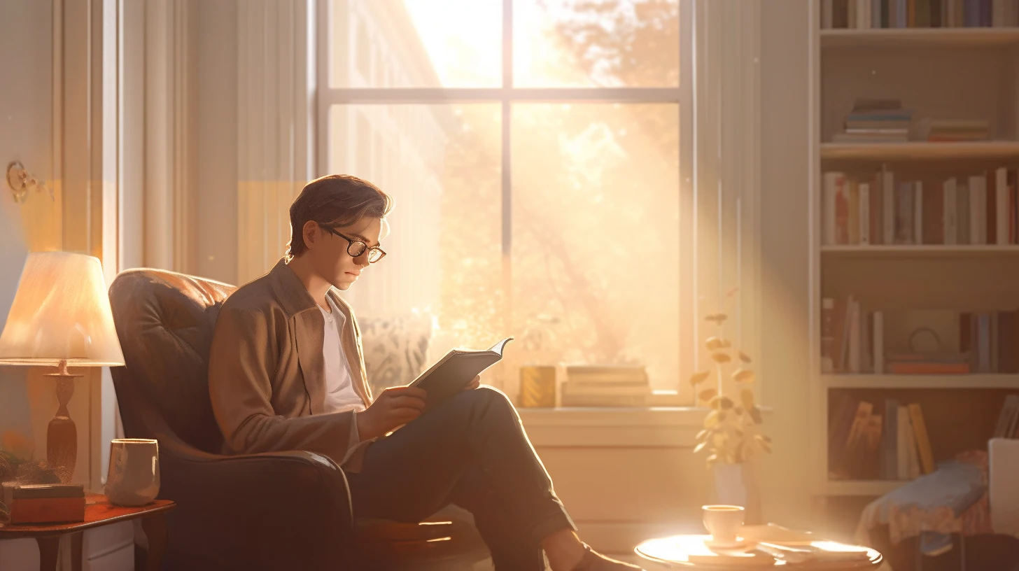 A man sitting comfortably and reading a book