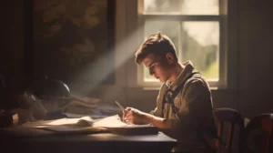 A student sitting at a desk and studying.
