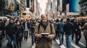 A man reading a book on the streets.