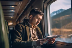 A person reading a book on a train