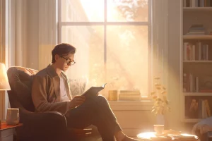 A man sitting comfortably and reading a book