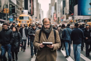 Screenshot (682) A man reading a book on the streets.
